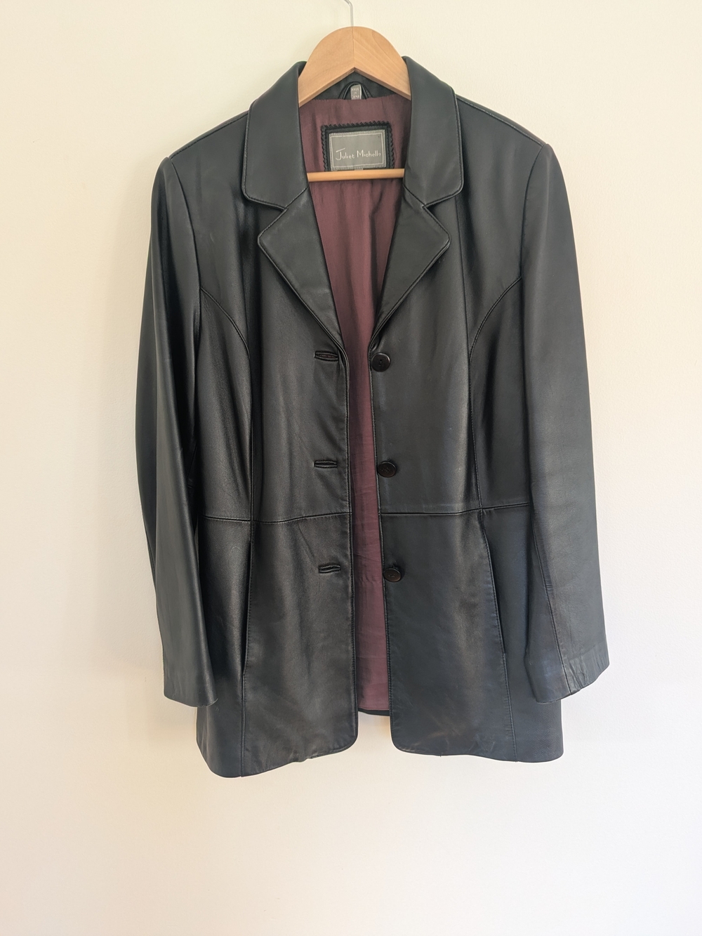 Juliet Michele Women's Black Leather Button-Front Blazer Jacket